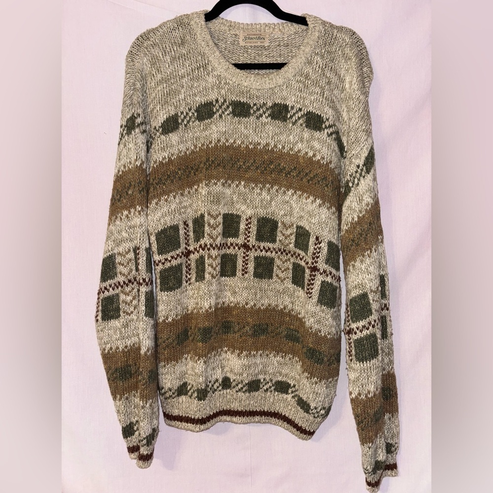 St. John's Bay Men's Patterned Crewneck Sweater - Olive, Brown, Cream